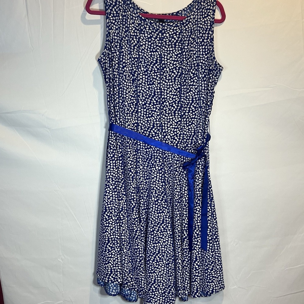 Forever Women's PXL Blue Polkadot Geometric White Dot‎ Dress Sleeveless Belt